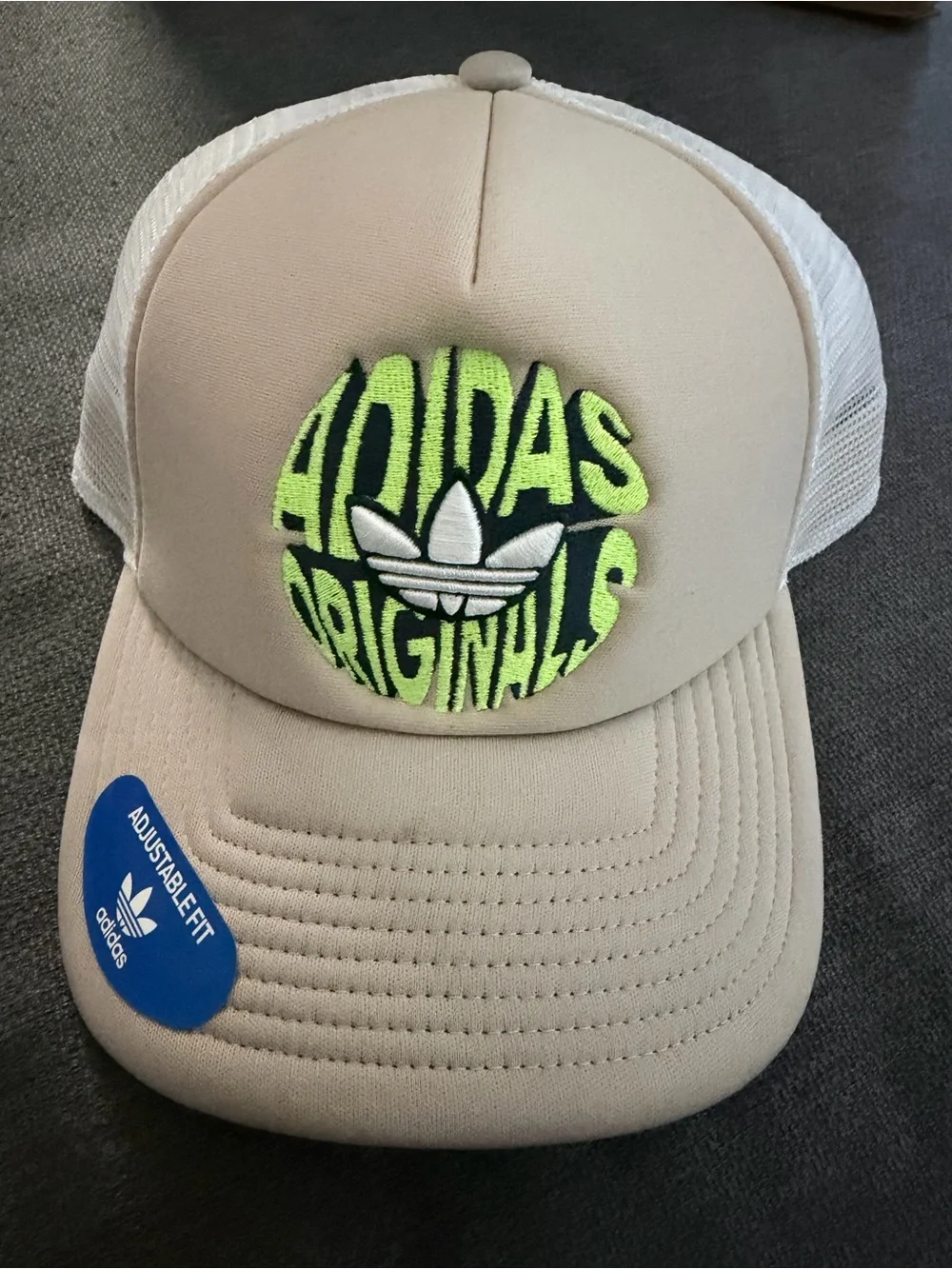 adidas Kids Beige Trucker Hat with Neon Green Patch